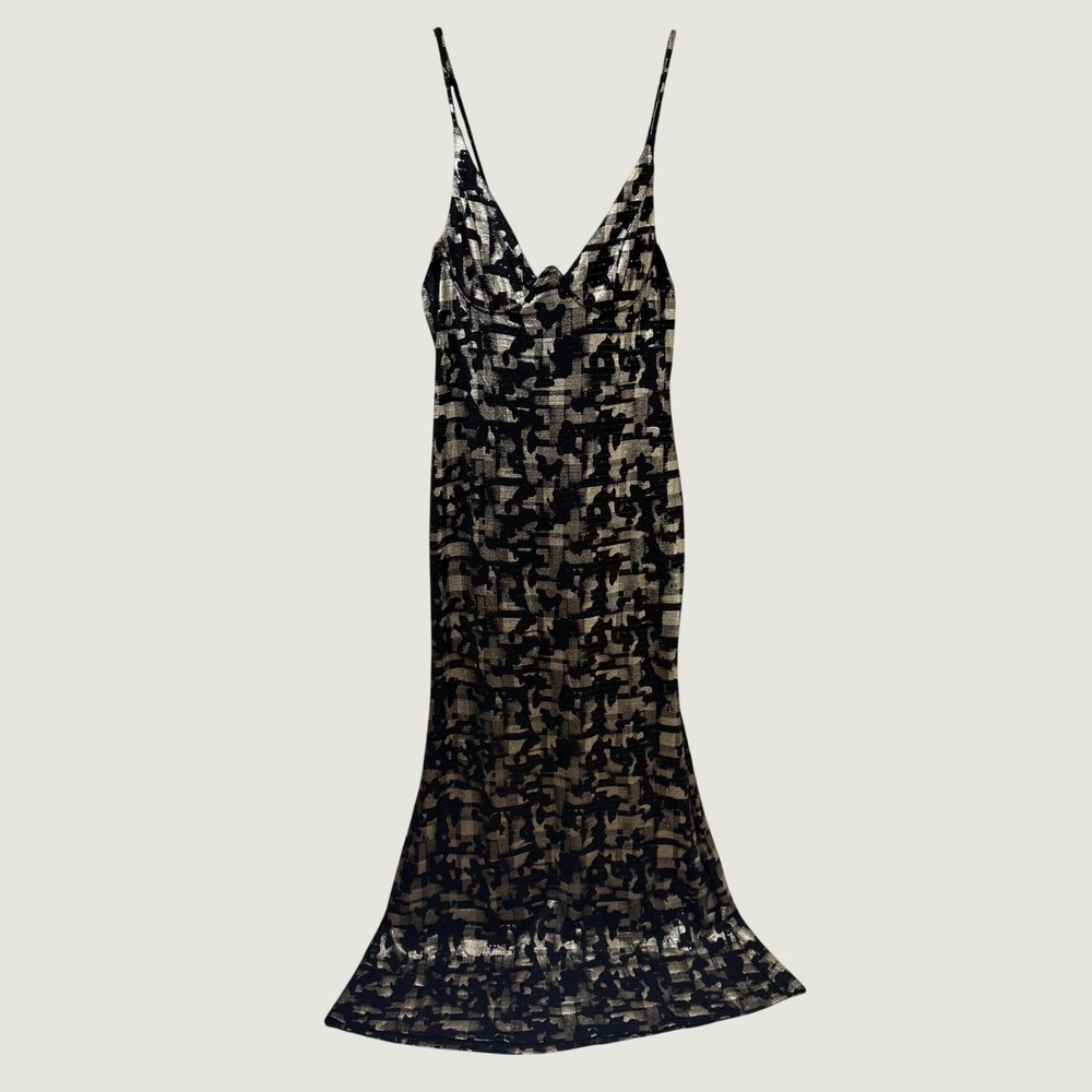 Goodtime USA Maxi Dress 2XL Gold Black Metallic Geometric Y2K Glam Formal Gown